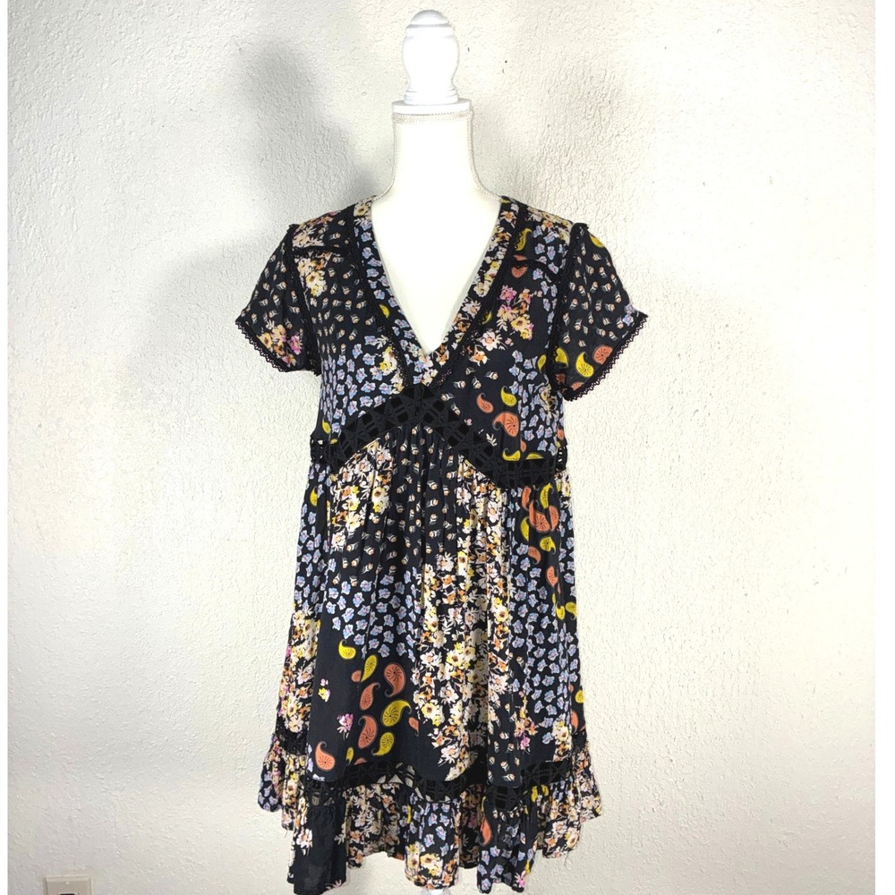 Boutique Brand "By Together" Floral Patchwork  Lace Trim V-Neck Mini Dress